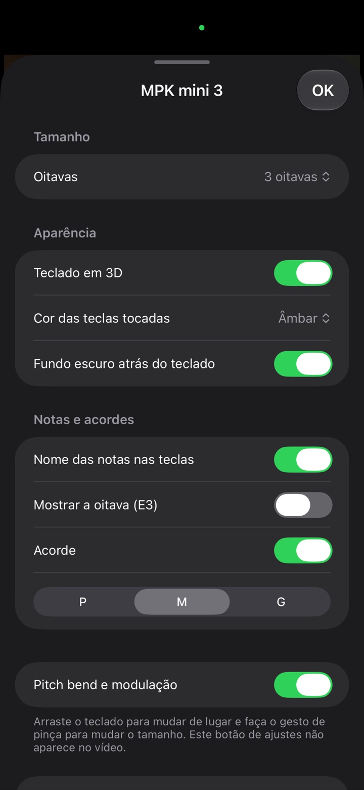 Ajustes do teclado no iPhone: oitavas, 3D, cor, nome das notas e tamanho do acorde